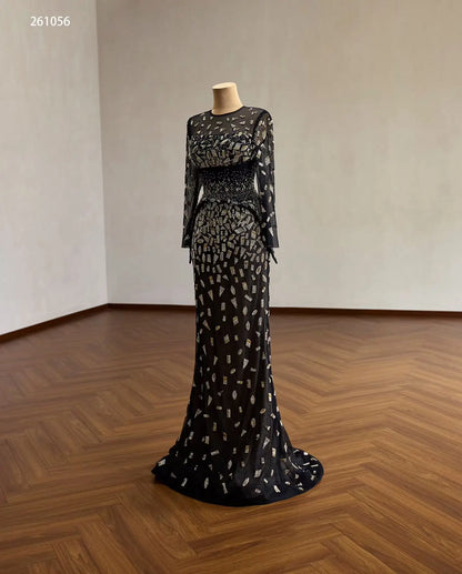 Black Geometric Beaded Long Sleeve Evening Gown with Sheer Illusion Neckline and Column Silhouette - 261056