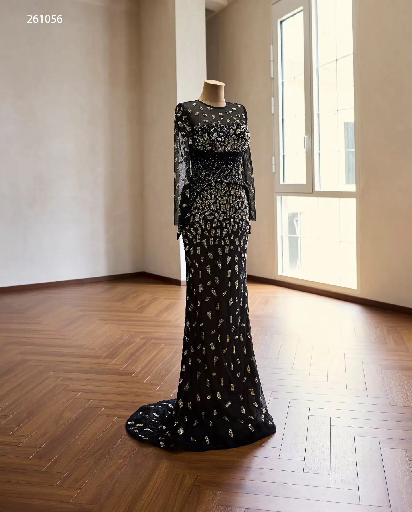 Black Geometric Beaded Long Sleeve Evening Gown with Sheer Illusion Neckline and Column Silhouette - 261056