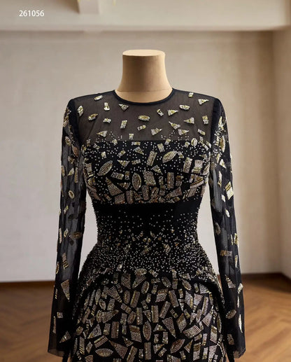 Black Geometric Beaded Long Sleeve Evening Gown with Sheer Illusion Neckline and Column Silhouette - 261056