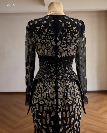 Black Geometric Beaded Long Sleeve Evening Gown with Sheer Illusion Neckline and Column Silhouette - 261056