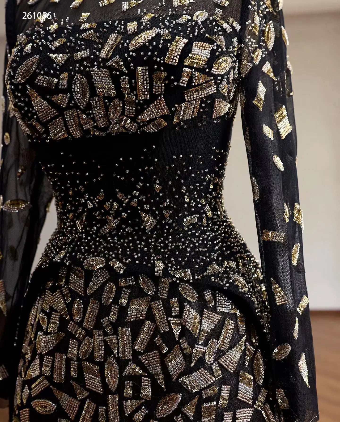 Black Geometric Beaded Long Sleeve Evening Gown with Sheer Illusion Neckline and Column Silhouette - 261056