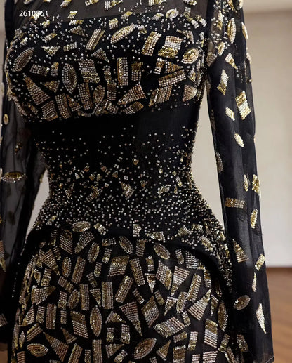 Black Geometric Beaded Long Sleeve Evening Gown with Sheer Illusion Neckline and Column Silhouette - 261056