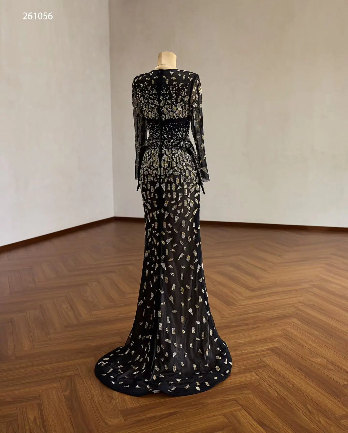 Black Geometric Beaded Long Sleeve Evening Gown with Sheer Illusion Neckline and Column Silhouette - 261056