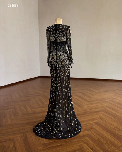 Black Geometric Beaded Long Sleeve Evening Gown with Sheer Illusion Neckline and Column Silhouette - 261056