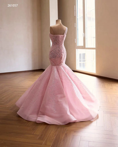 Pink One-Shoulder Mermaid Quinceañera Dress with Sparkling Crisscross Bodice and Lace-Up Back - 261057