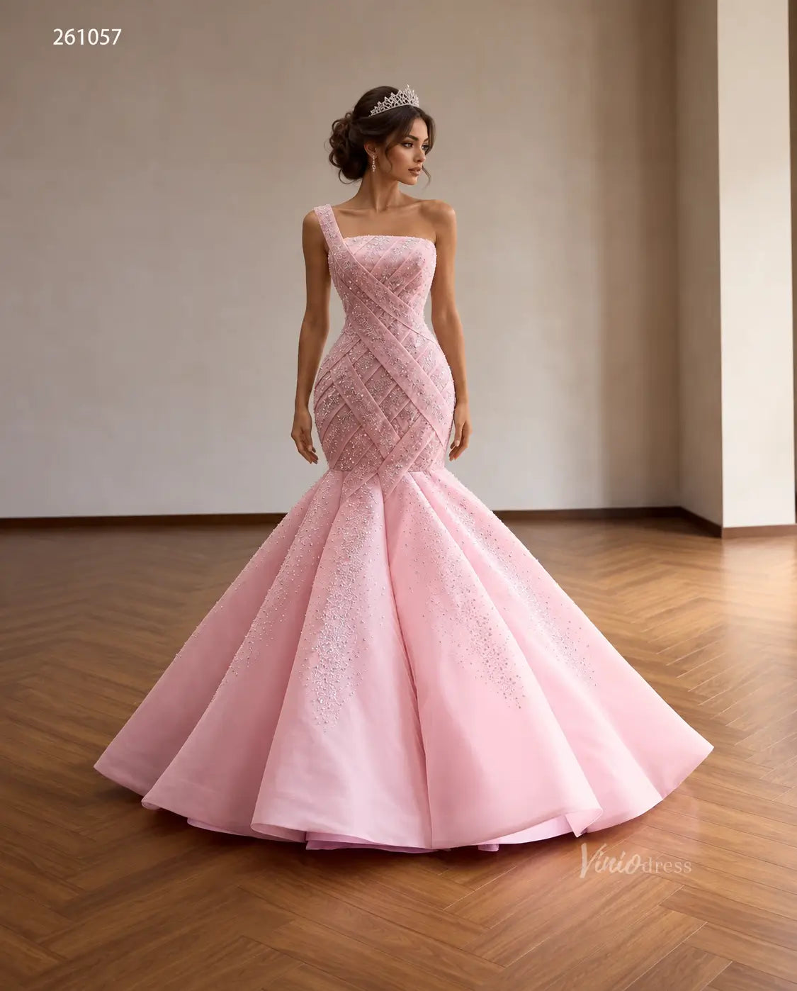 Pink One-Shoulder Mermaid Quinceañera Dress with Sparkling Crisscross Bodice and Lace-Up Back - 261057