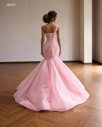 Pink One-Shoulder Mermaid Quinceañera Dress with Sparkling Crisscross Bodice and Lace-Up Back - 261057