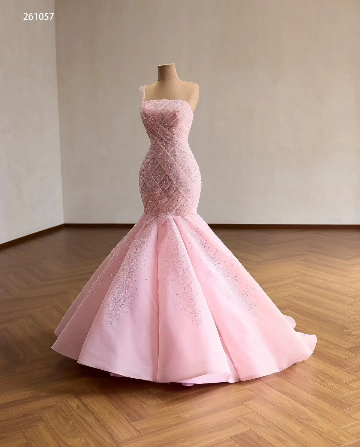 Pink One-Shoulder Mermaid Quinceañera Dress with Sparkling Crisscross Bodice and Lace-Up Back - 261057