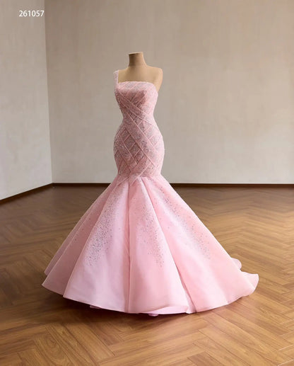 Pink One-Shoulder Mermaid Quinceañera Dress with Sparkling Crisscross Bodice and Lace-Up Back - 261057