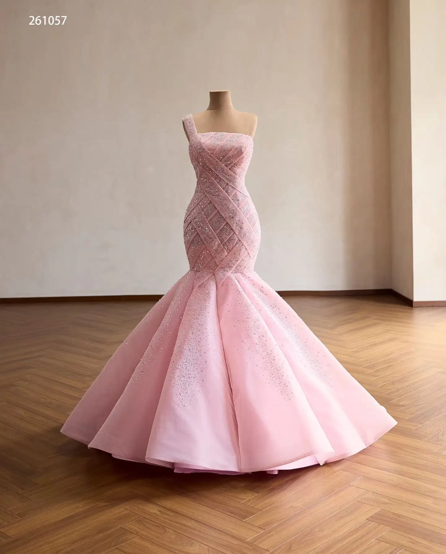 Pink One-Shoulder Mermaid Quinceañera Dress with Sparkling Crisscross Bodice and Lace-Up Back - 261057