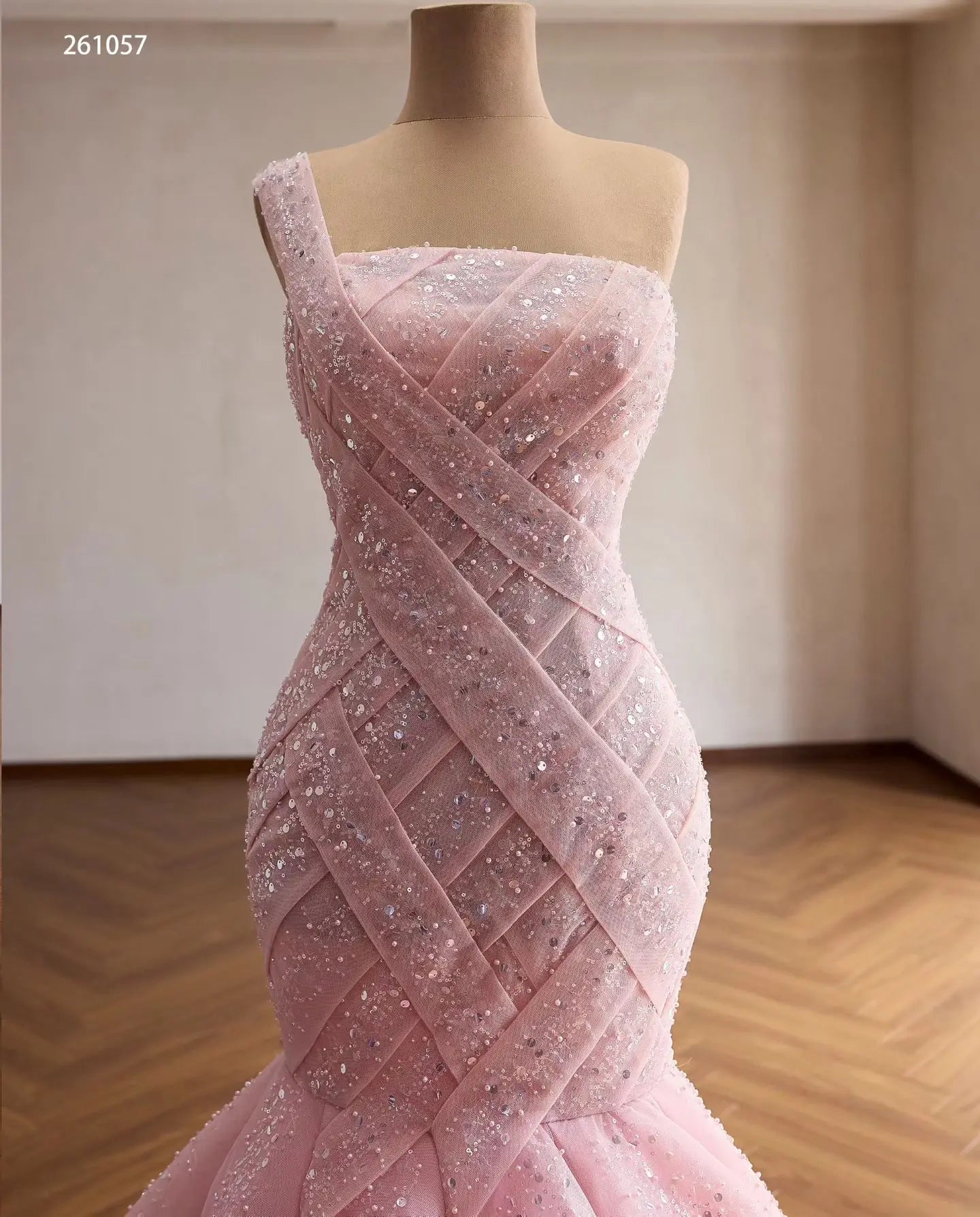 Pink One-Shoulder Mermaid Quinceañera Dress with Sparkling Crisscross Bodice and Lace-Up Back - 261057