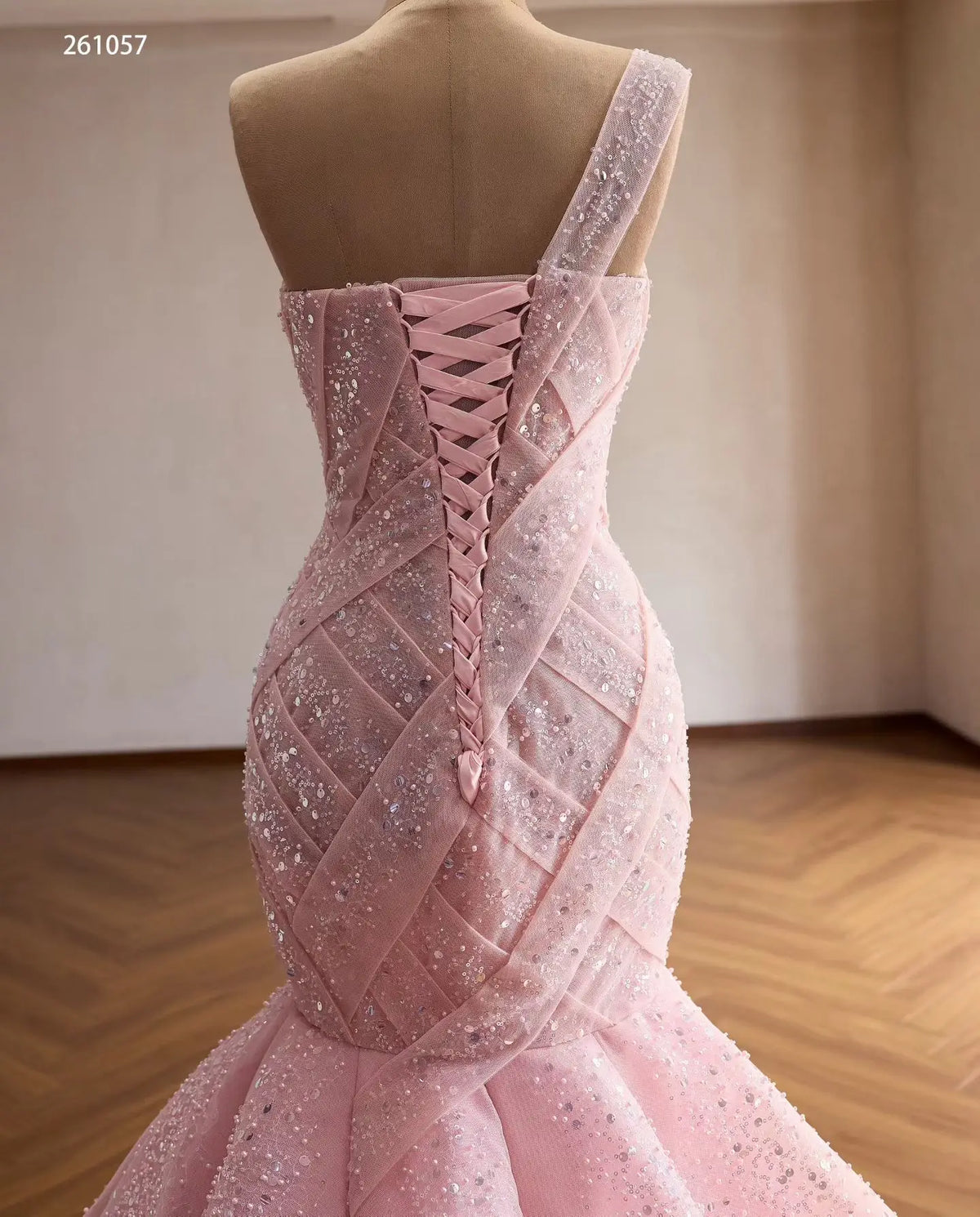 Pink One-Shoulder Mermaid Quinceañera Dress with Sparkling Crisscross Bodice and Lace-Up Back - 261057