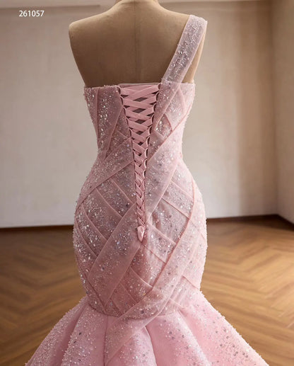 Pink One-Shoulder Mermaid Quinceañera Dress with Sparkling Crisscross Bodice and Lace-Up Back - 261057