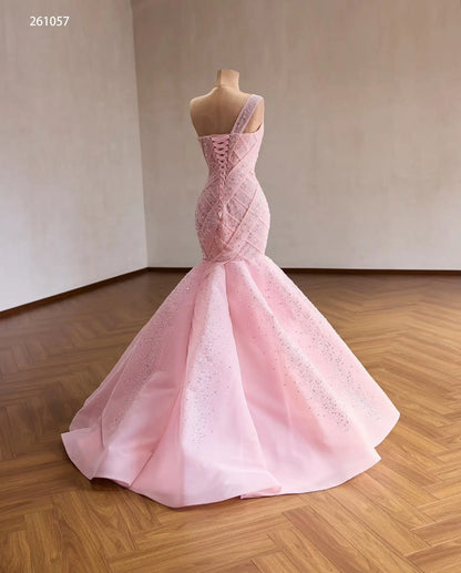 Pink One-Shoulder Mermaid Quinceañera Dress with Sparkling Crisscross Bodice and Lace-Up Back - 261057