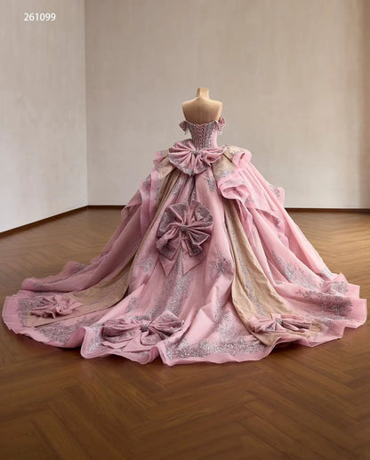 Luxury Dusty Pink Quinceañera Dresses with Bows, Off Shoulder Corset Ball Gowns 261099