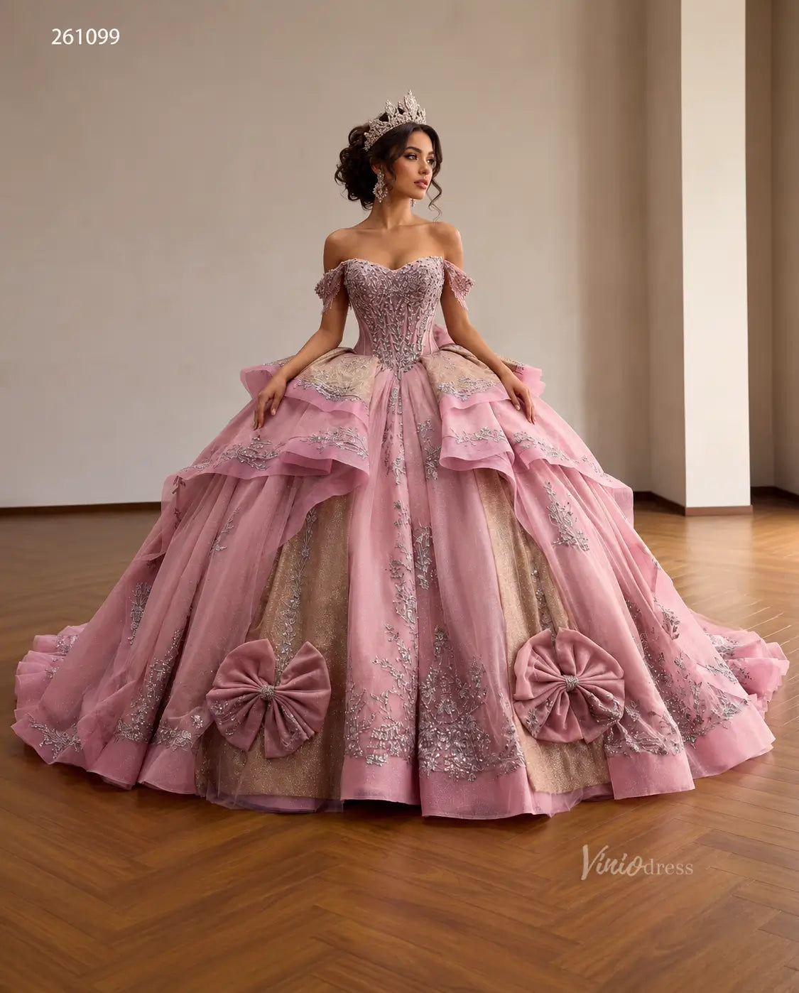 Luxury Dusty Pink Quinceañera Dresses with Bows, Off Shoulder Corset Ball Gowns 261099