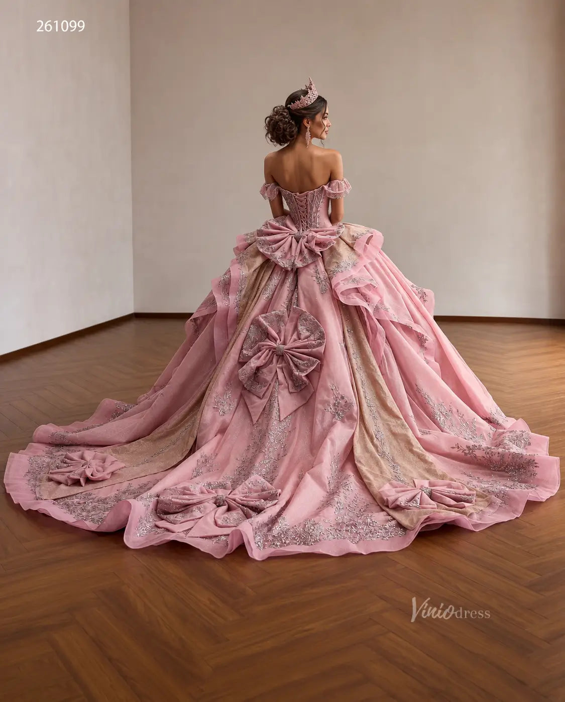 Luxury Dusty Pink Quinceañera Dresses with Bows, Off Shoulder Corset Ball Gowns 261099