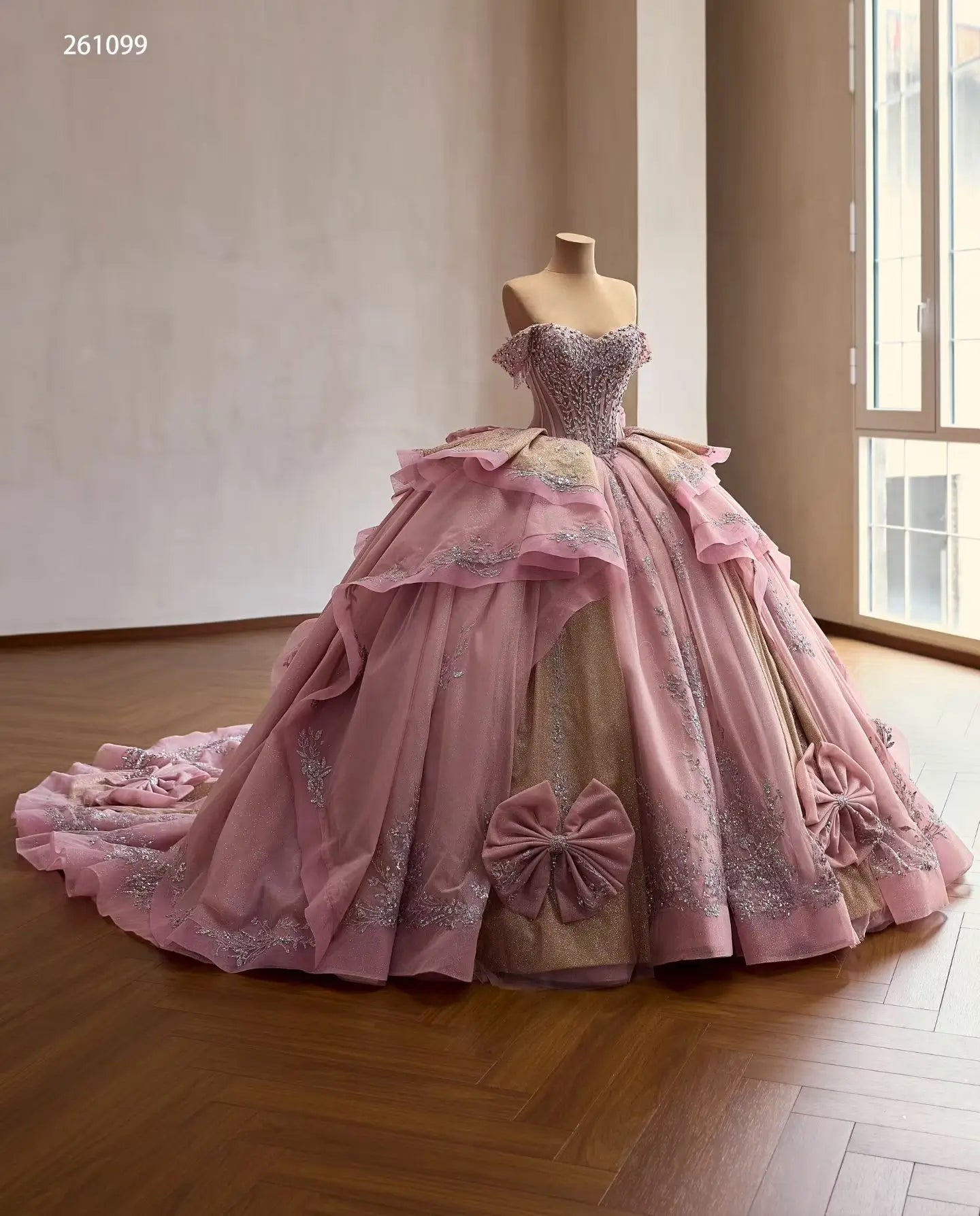 Luxury Dusty Pink Quinceañera Dresses with Bows, Off Shoulder Corset Ball Gowns 261099
