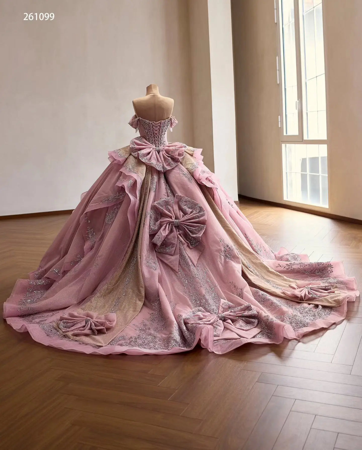 Luxury Dusty Pink Quinceañera Dresses with Bows, Off Shoulder Corset Ball Gowns 261099
