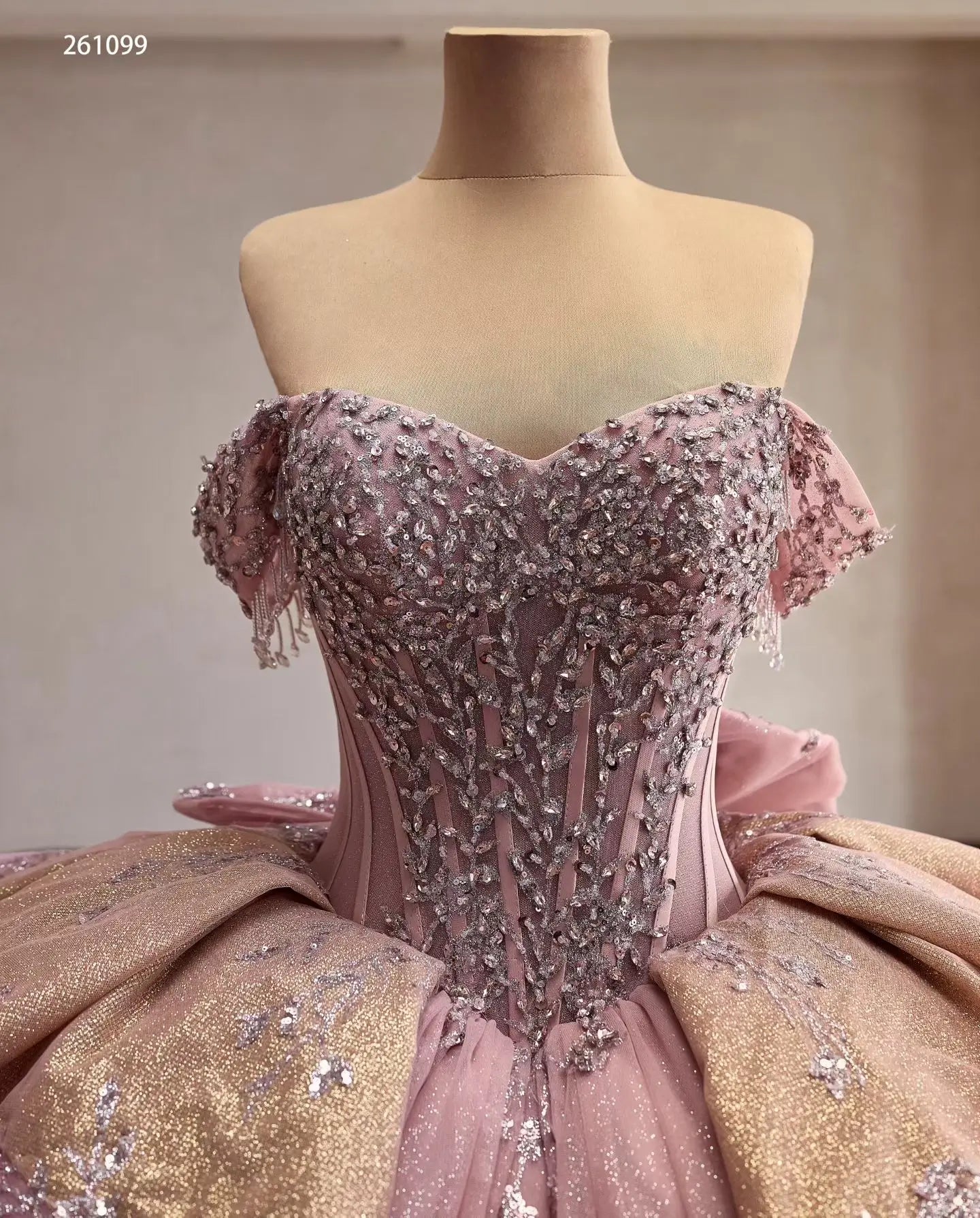 Luxury Dusty Pink Quinceañera Dresses with Bows, Off Shoulder Corset Ball Gowns 261099