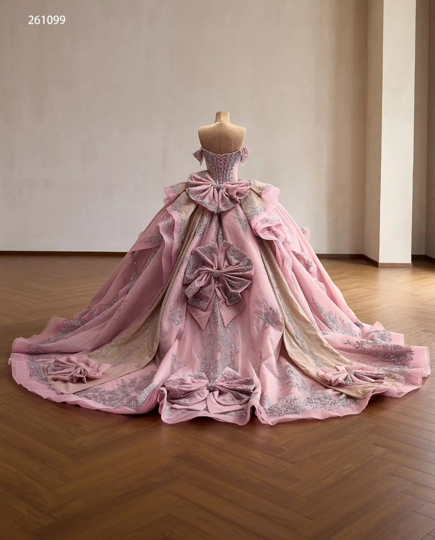 Luxury Dusty Pink Quinceañera Dresses with Bows, Off Shoulder Corset Ball Gowns 261099