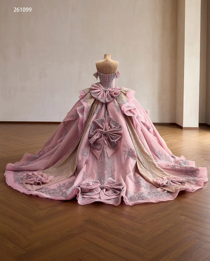 Luxury Dusty Pink Quinceañera Dresses with Bows, Off Shoulder Corset Ball Gowns 261099