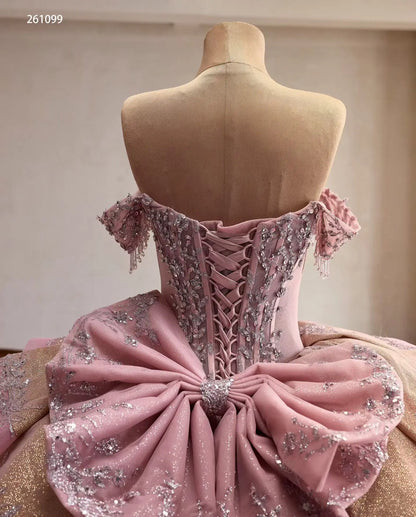 Luxury Dusty Pink Quinceañera Dresses with Bows, Off Shoulder Corset Ball Gowns 261099