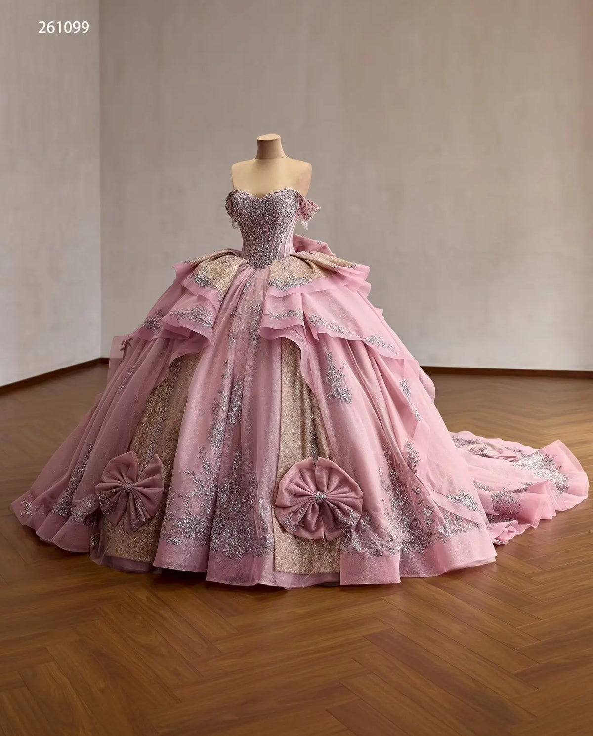 Luxury Dusty Pink Quinceañera Dresses with Bows, Off Shoulder Corset Ball Gowns 261099