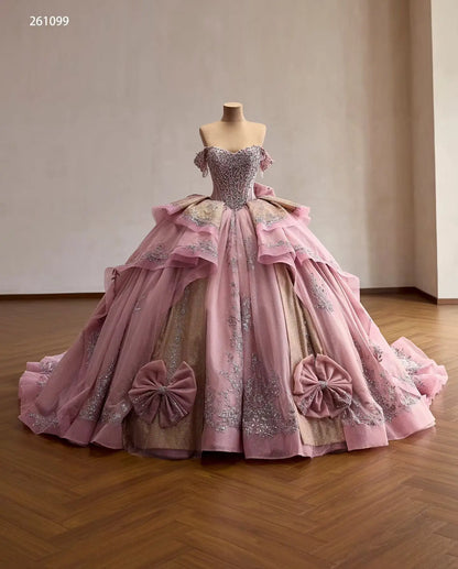 Luxury Dusty Pink Quinceañera Dresses with Bows, Off Shoulder Corset Ball Gowns 261099