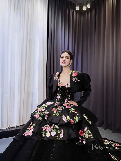 3-in-1 Black Wedding & Quinceañera Dress | Removable Capelet & Floral Satin Overskirt Train 251086-Quinceanera Dresses 2026-Viniodress-Black-Custom Size – Add Measurements in Cart-