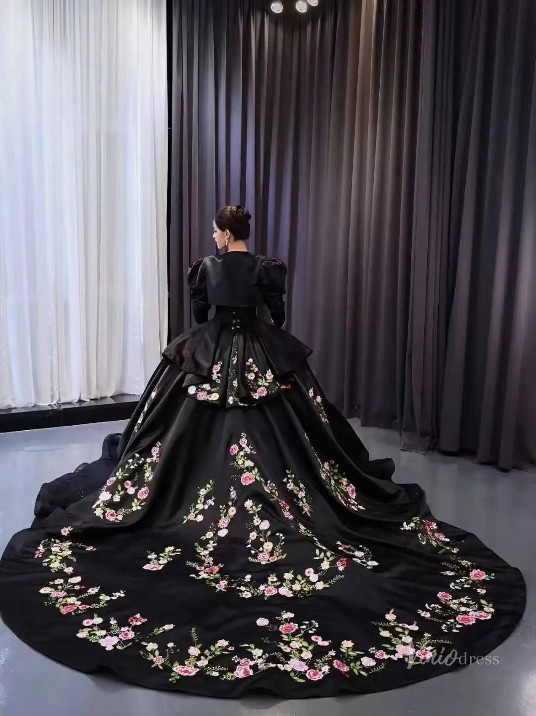 3-in-1 Black Wedding & Quinceañera Dress | Removable Capelet & Floral Satin Overskirt Train 251086-Quinceanera Dresses 2026-Viniodress-Black-Custom Size – Add Measurements in Cart-