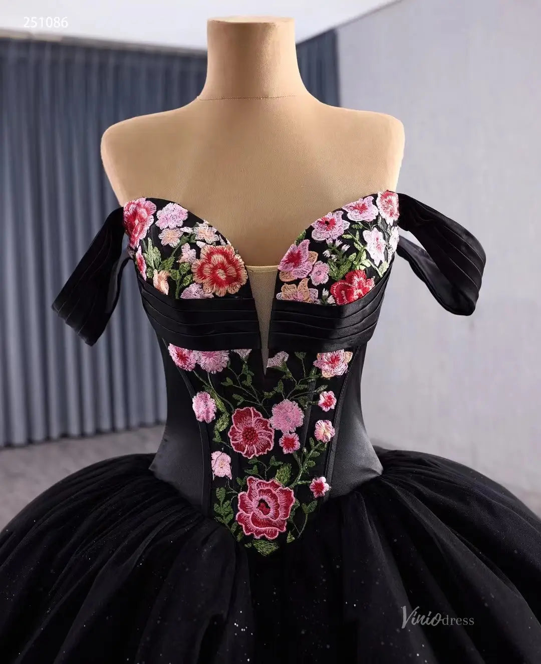3-in-1 Black Wedding & Quinceaera Dress | Removable Capelet & Floral Viniodress 3-in-1 Black Wedding & Quinceaera Dress | Removable Capelet & Floral Viniodress