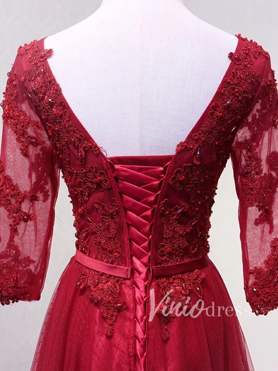 open lace back dress 3/4 Sleeve Dark Red Mother of the Bride Dresses FD1515 – Viniodress