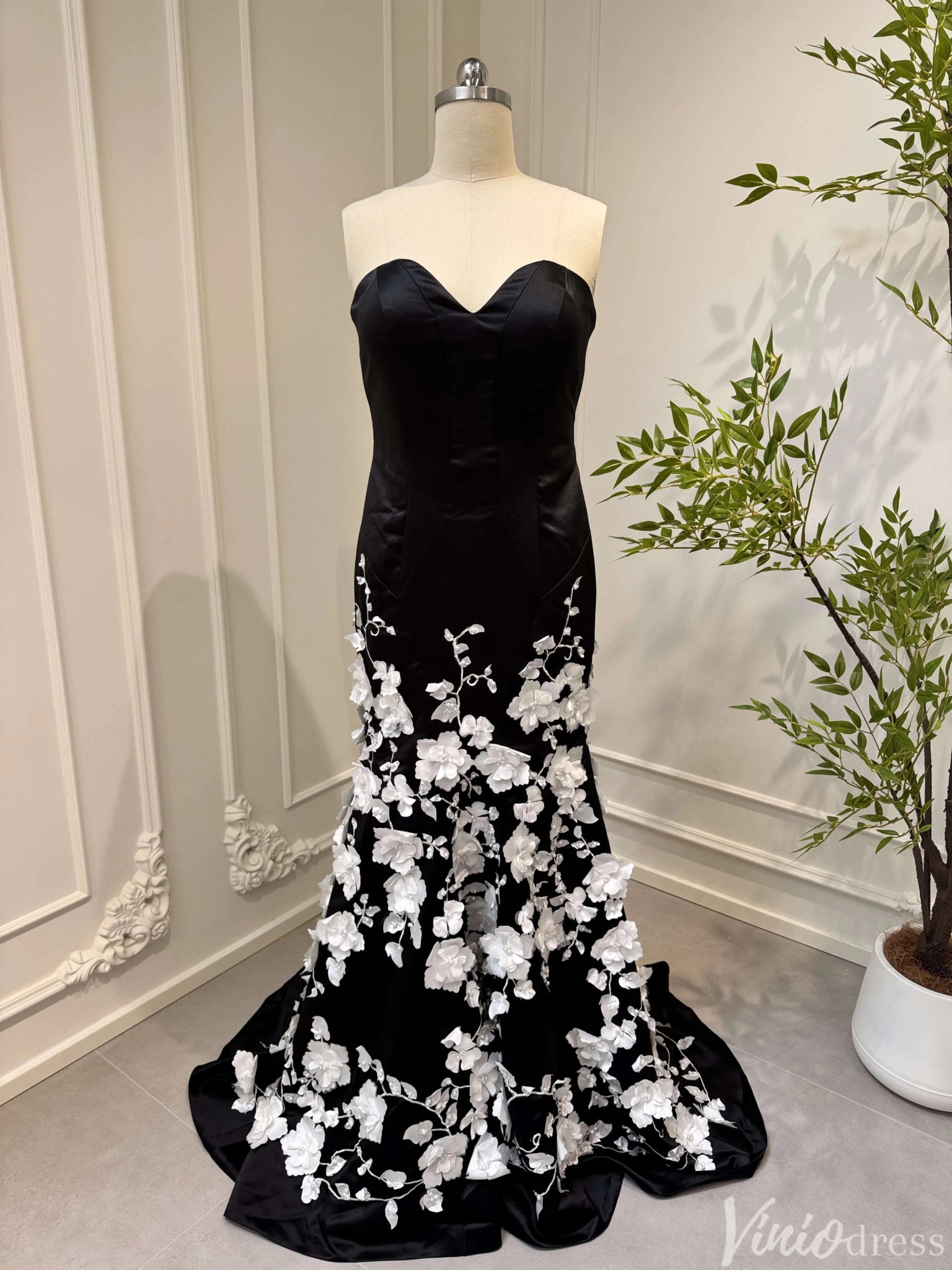 3D Floral Black and White Mermaid Prom Dresses with Removable Long Sle – Viniodress