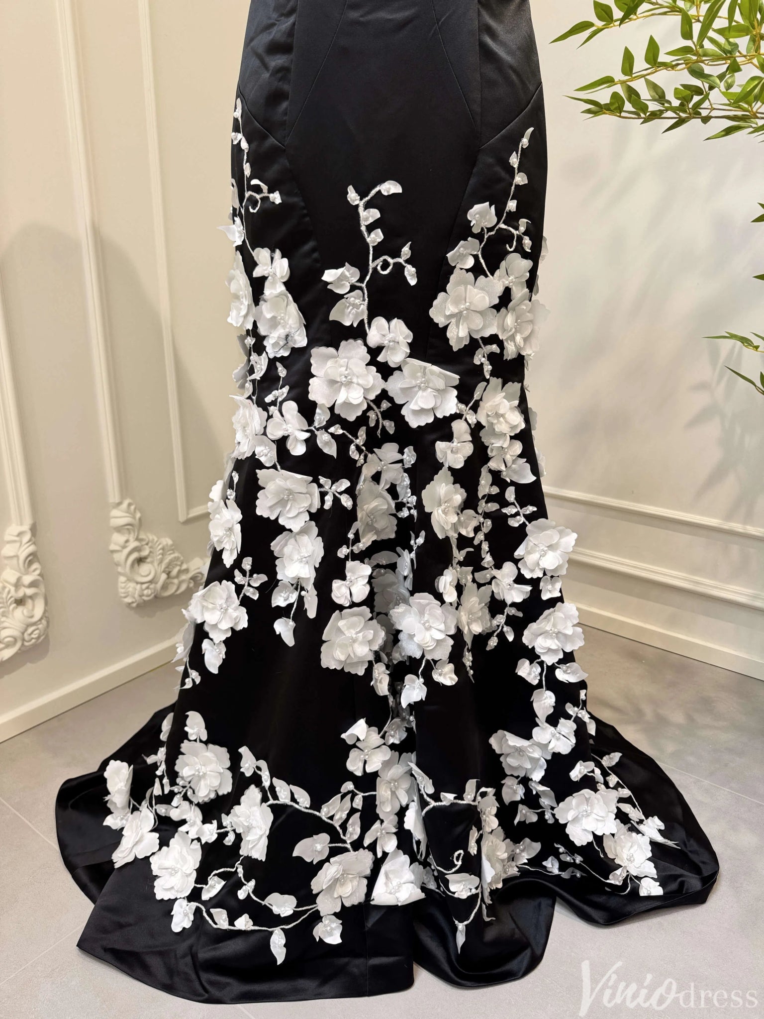 3D Floral Black and White Mermaid Prom Dresses with Removable Long Sle – Viniodress