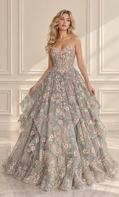 Strapless corset ball gown with pastel 3D floral appliqués, exposed boning, and a voluminous layered tulle skirt.