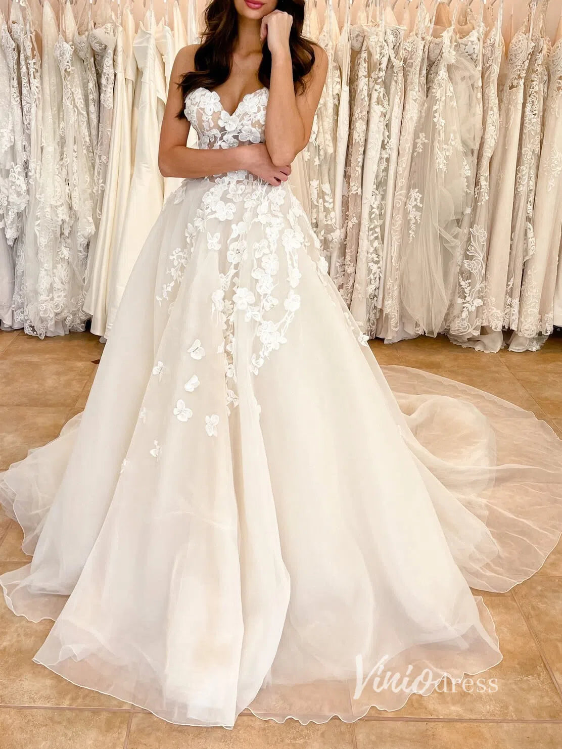 3D Floral Country Wedding Dresses Spaghetti Strap VW2147-wedding dresses 2025 -Viniodress-Champagne-Custom Size-