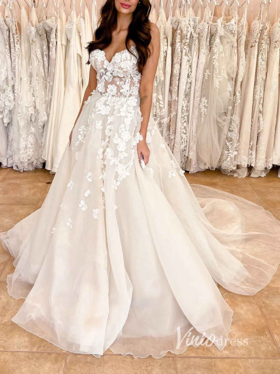 3D Floral Country Wedding Dresses Spaghetti Strap VW2147-wedding dresses 2025 -Viniodress-Champagne-Custom Size-