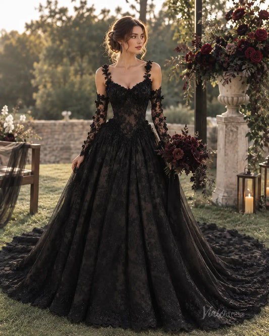 BK129 black lace ball gown wedding dress with long sleeves, sweetheart neckline, and a dramatic floor-length train.