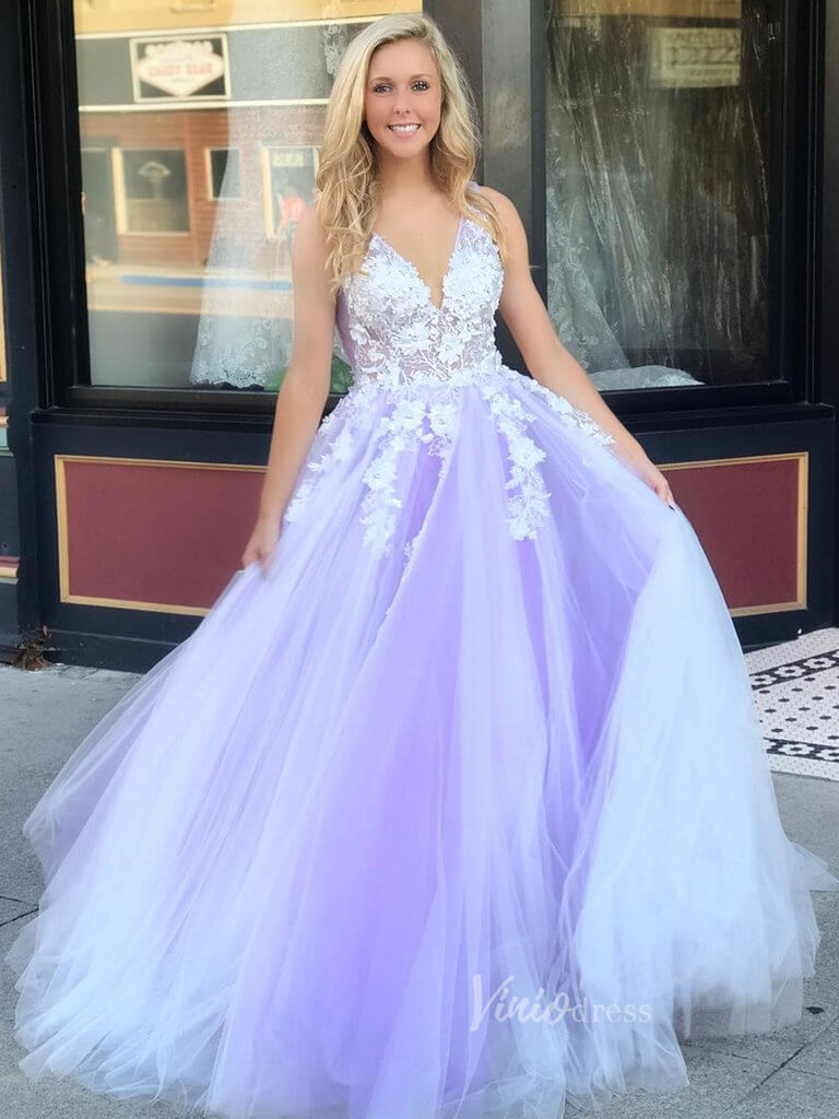 3D Floral Lilac Tulle Long Prom Dresses V Neck Junior Prom Dress FD233 – Viniodress