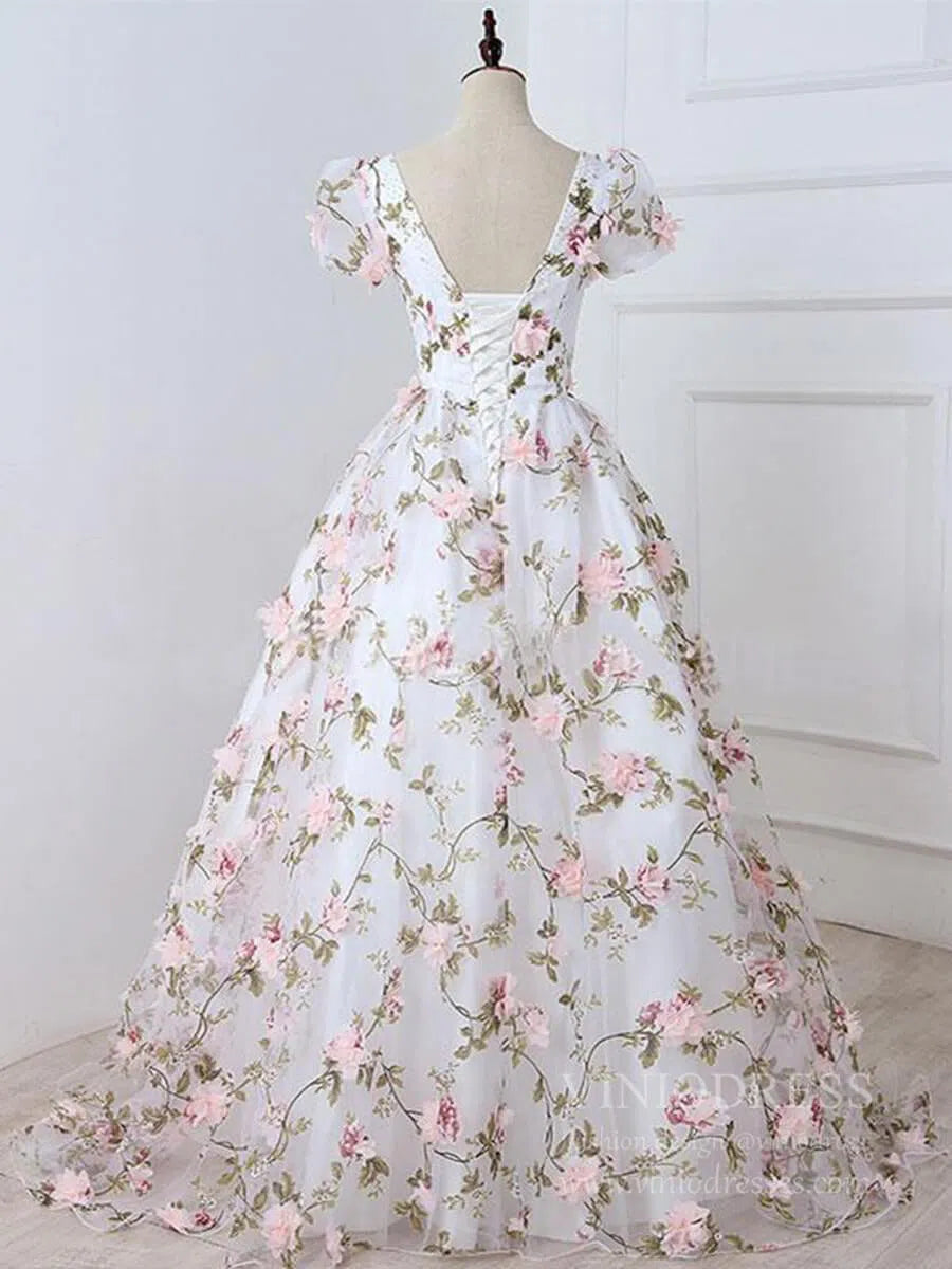 3D Floral Prom Dresses for Teens V-neck Flower Blossom Ball Gowns FD1685-prom dresses 2025 -Viniodress-Pink-Custom Size-