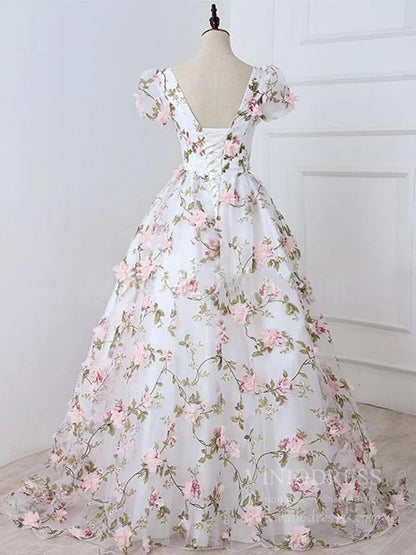 3D Floral Prom Dresses for Teens V-neck Flower Blossom Ball Gowns FD1685-prom dresses 2025 -Viniodress-Pink-Custom Size-