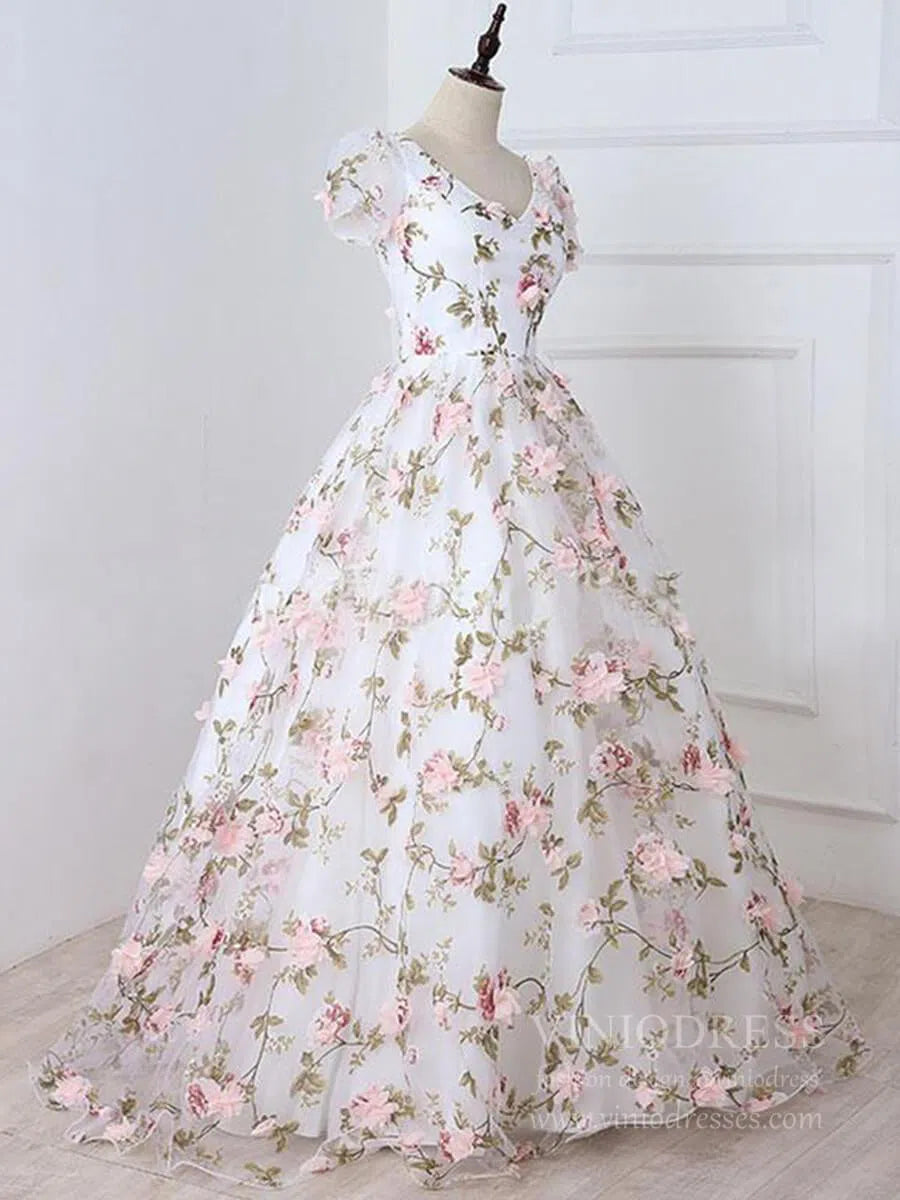 3D Floral Prom Dresses for Teens V-neck Flower Blossom Ball Gowns FD1685-prom dresses 2025 -Viniodress-Pink-Custom Size-