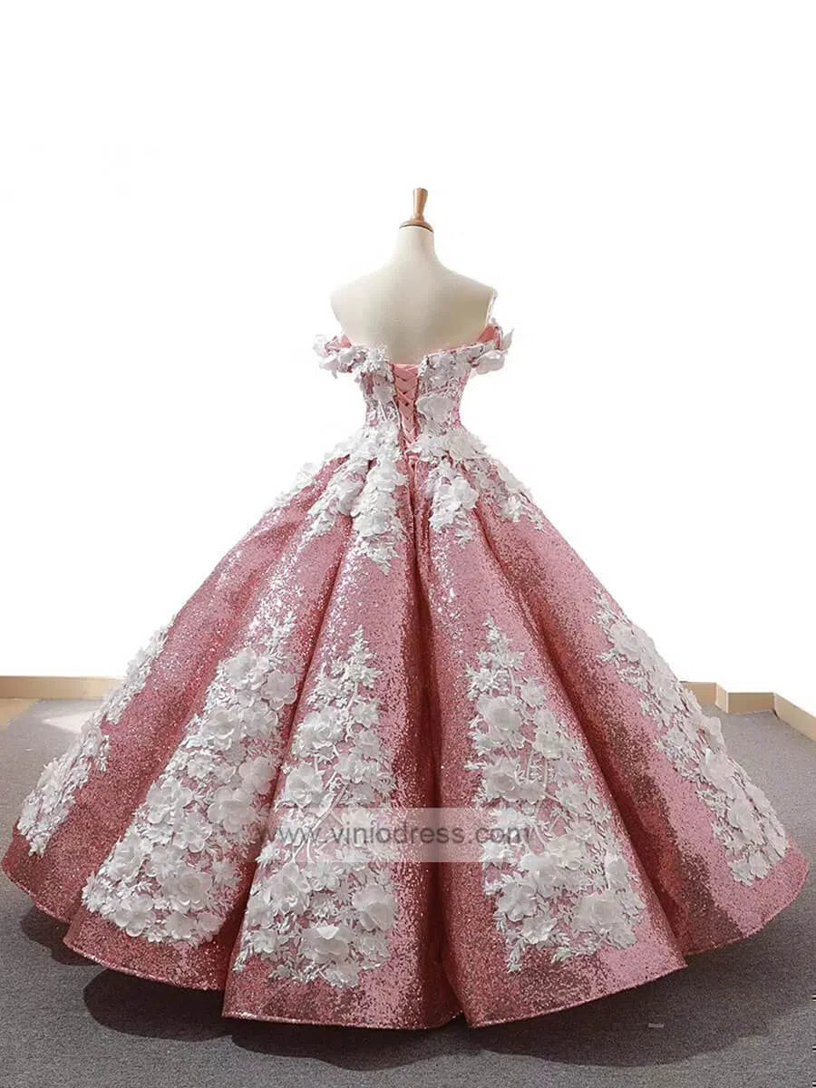 3D Floral Sequin Ball Gown Prom Dresses FD1109-Quinceanera Dresses 2025 -Viniodress-Light Blue-Custom Size-