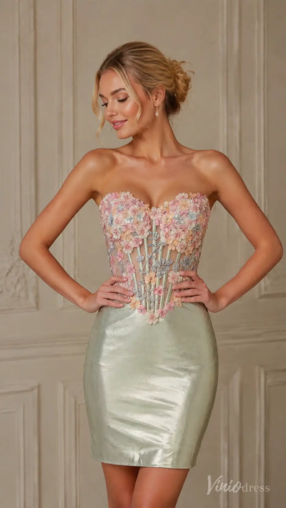 Strapless S26116 mini dress with a floral embroidered corset bodice and a shimmering light green skirt.