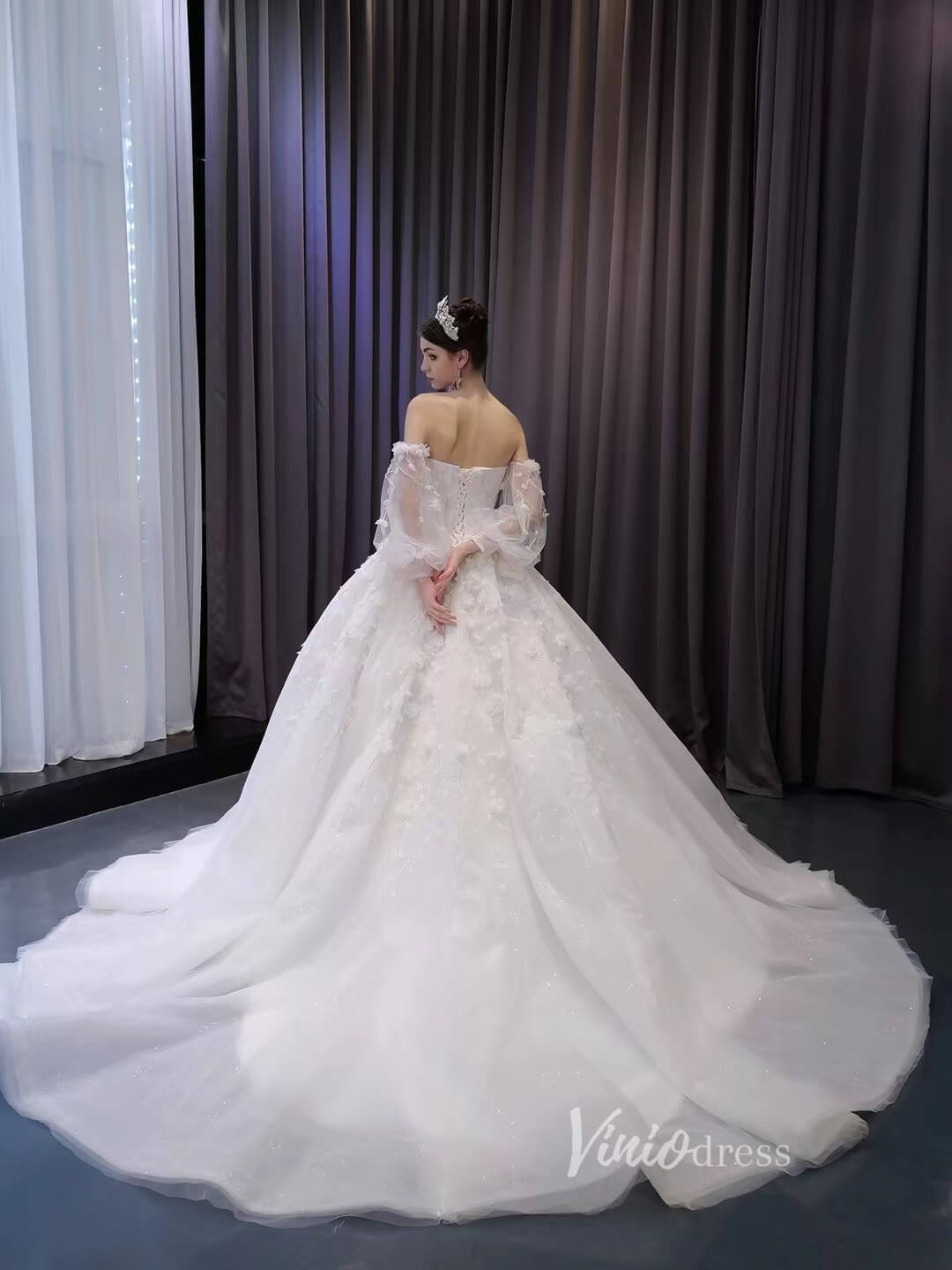 3D Floral White Wedding Dresses Removable Long Sleeves Bridal Gown 231123-wedding dresses 2025 -Viniodress-Ivory-Custom Size-