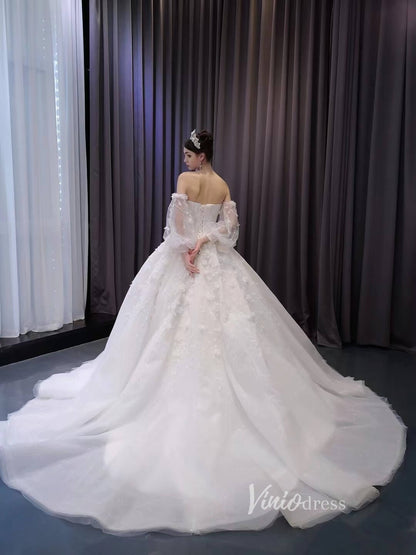 3D Floral White Wedding Dresses Removable Long Sleeves Bridal Gown 231123-wedding dresses 2025 -Viniodress-Ivory-Custom Size-