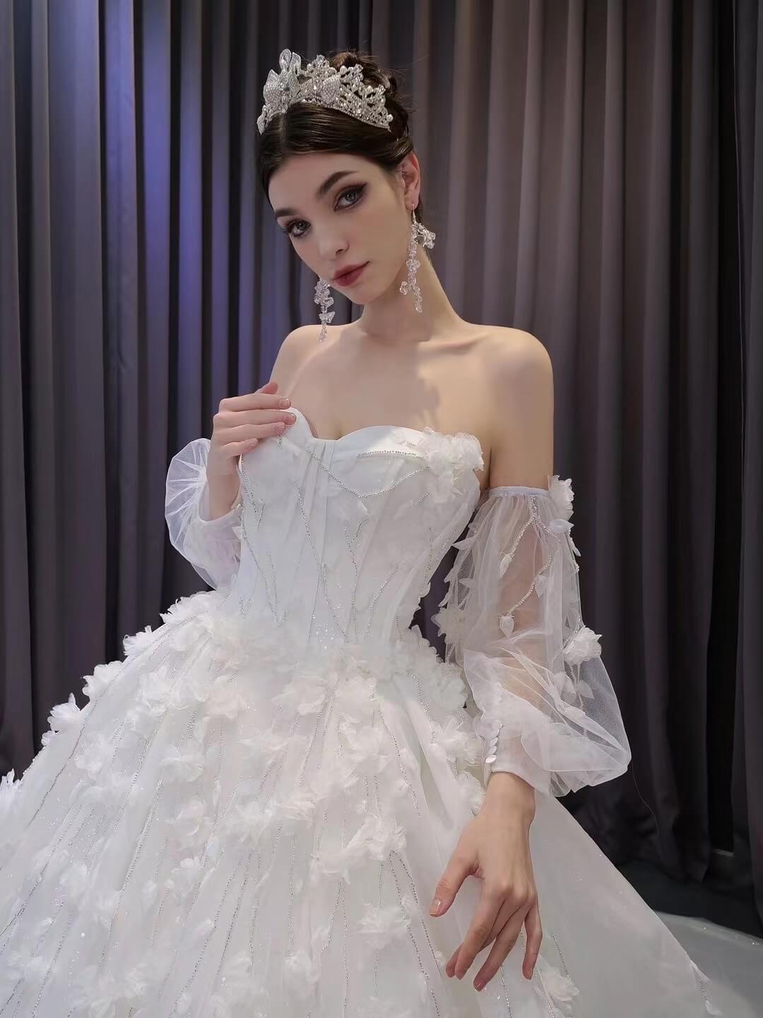 3D Floral White Wedding Dresses Removable Long Sleeves Bridal Gown 231123-wedding dresses 2025 -Viniodress-Ivory-Custom Size-
