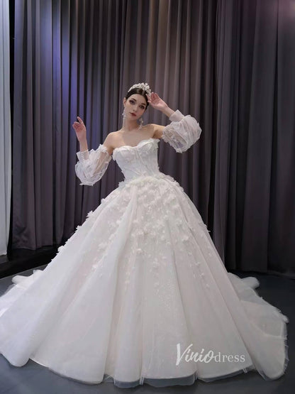 3D Floral White Wedding Dresses Removable Long Sleeves Bridal Gown 231123-wedding dresses 2025 -Viniodress-Ivory-Custom Size-