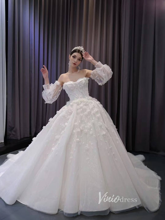 3D Floral White Wedding Dresses Removable Long Sleeves Bridal Gown 231123-wedding dresses 2025 -Viniodress-Ivory-Custom Size-
